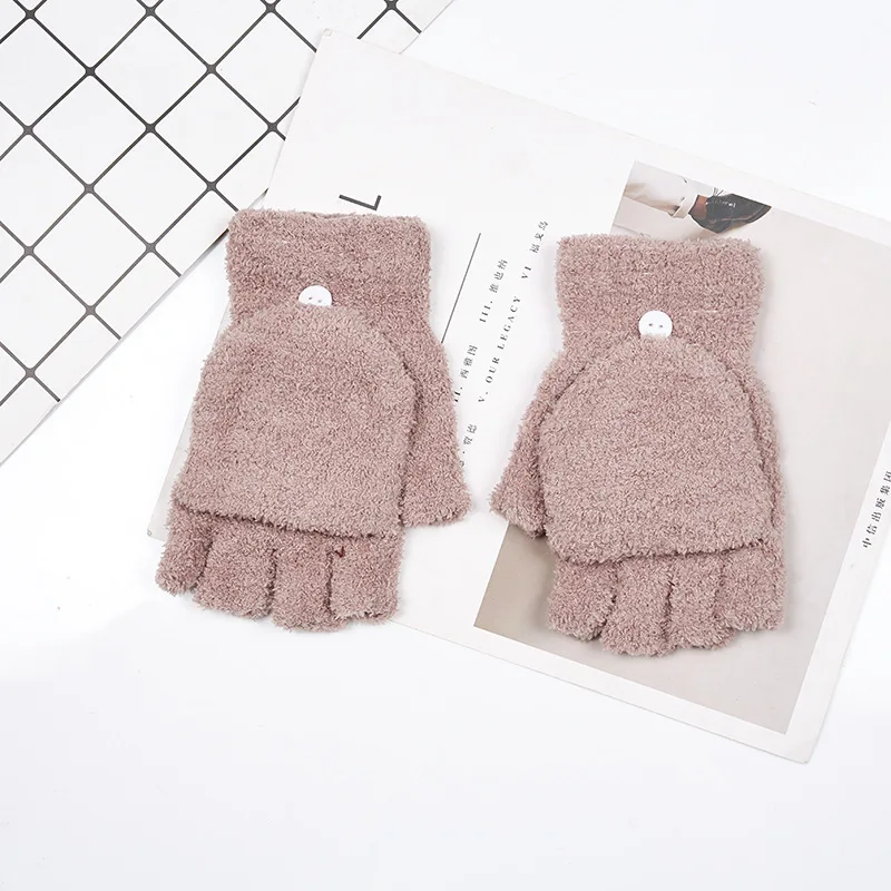 Light khaki Новые зимние многофункциональные перчатки без пальцев для женщин и девочек, милые зимние теплые варежки, мягкие перчатки с откидной крышкой на пол пальца - Цвет: Light khaki