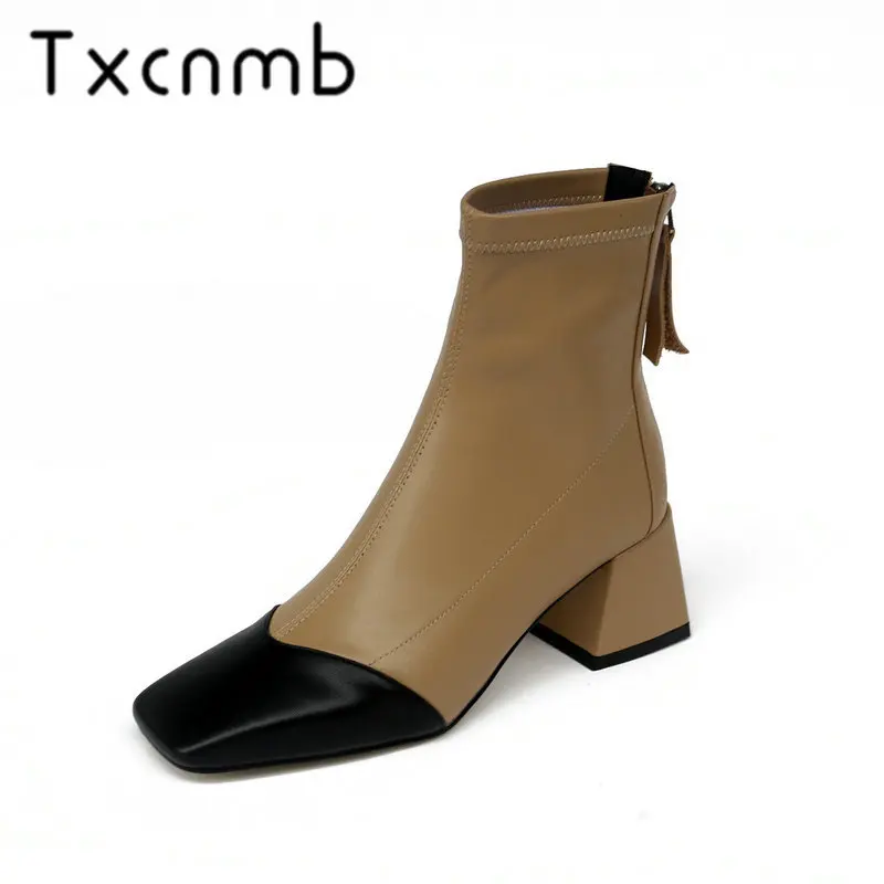 

TXCNMB Top Quality Boots Women High Heels Square Toe Zipper Autumn Winter Ladies Shoes Woman Female Elegant Office