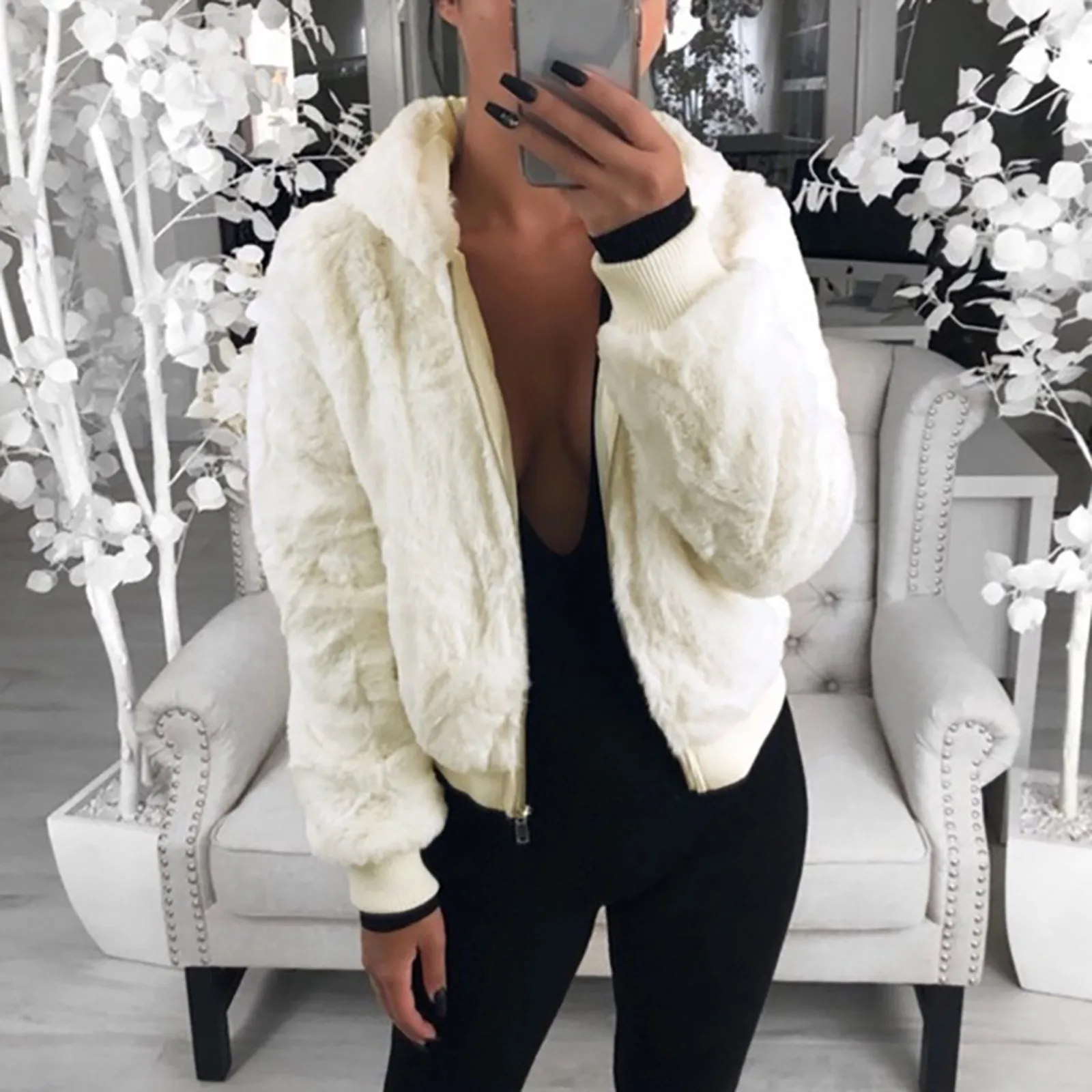 Women's Jackets Fashion Casual Hooded Rabbit Zipper Prokets Solid Long Sleeve Plush Coat Winter Warm Zipper Outwear Loose Coat 1