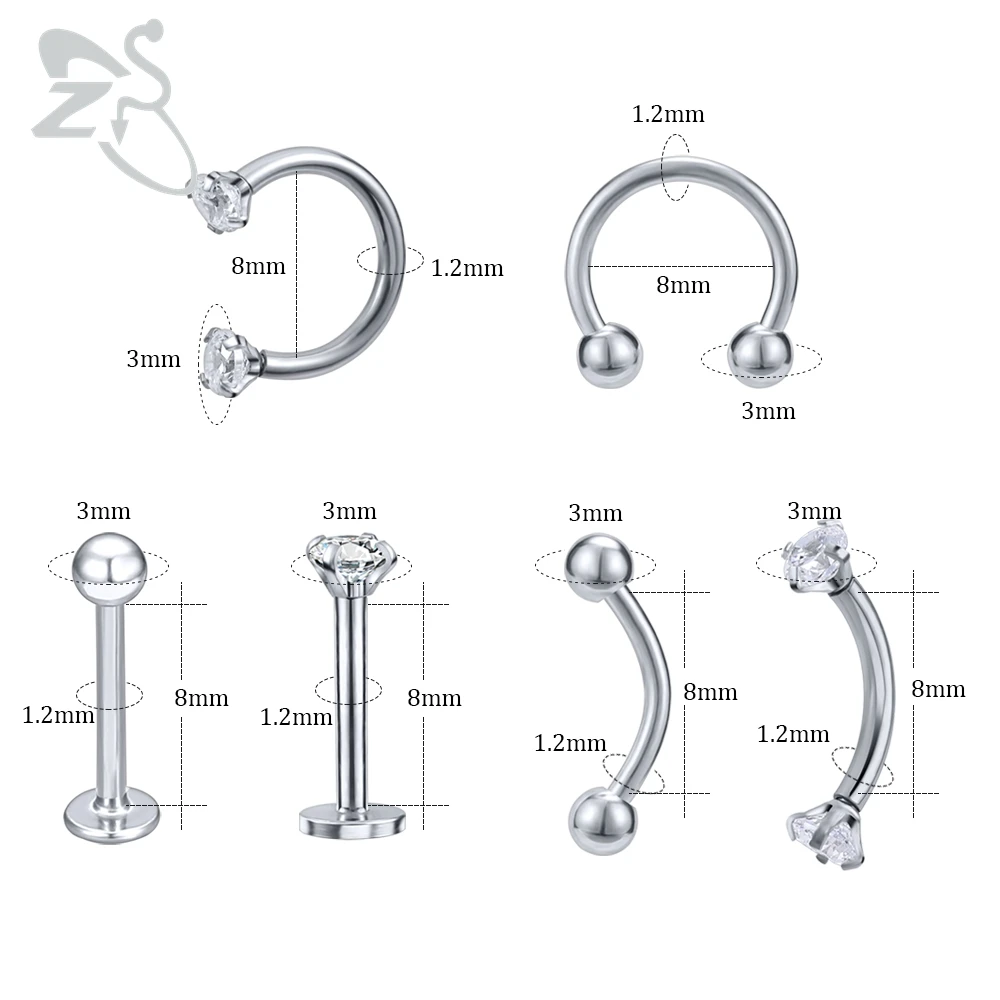 ZS 12 шт./лот 316L Нержавеющая сталь Нос Кольца с украшением в виде кристаллов Лабрет, украшение для пирсинга брови пирсинг, Септум кликеры тоннелей, бижутерия для пирсинга