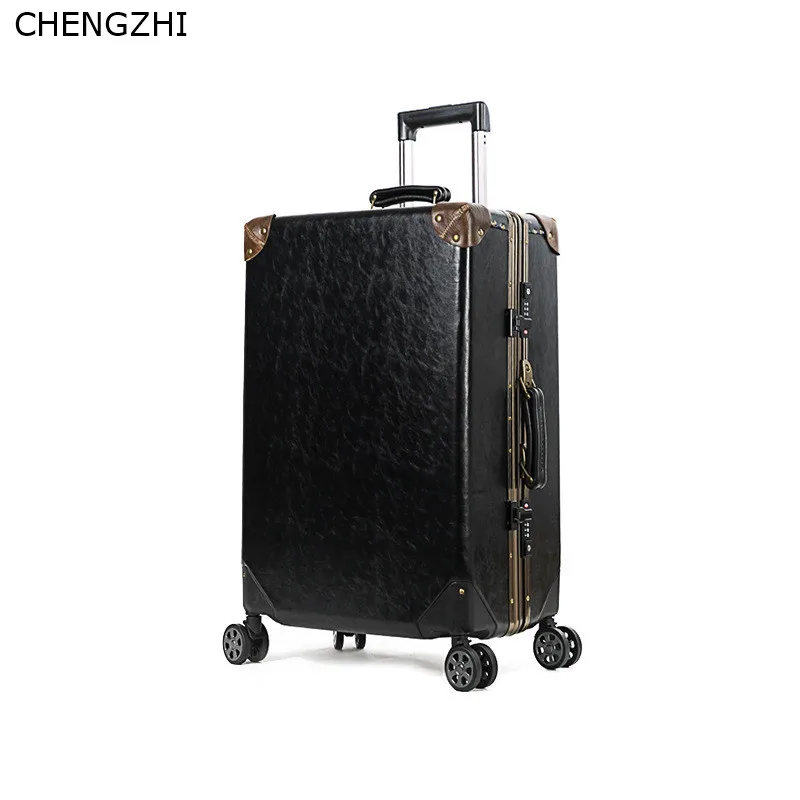 CHENGZHI 20 ''24'' дюймов ретро из искусственной кожи чемодан на колёсиках Спиннер для женщин алюминиевая рама пароль тележка чемодан колёса - Цвет: black