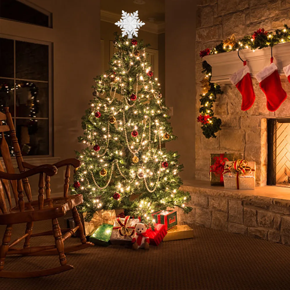 

Christmas Tree Topper Star Lighted 3D Glitter Sliver LED Rotating Snowflake Projector Lights For Decoration