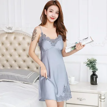 

Lace Nightdress Women Sexy Sleepwear Silk Nightgown Sleeveless Padded Summer Spaghetti Strap Night Dress Slings Nightwear #D