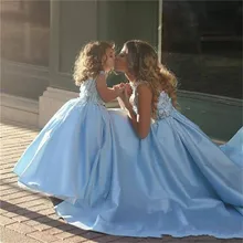 Милое небесно-Голубое Бальное Платье; нарядные платья для девочек; Пышное Тюлевое платье с кружевной аппликацией; платье с цветочным узором для девочек по индивидуальному заказу