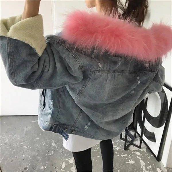 RUGOD, корейский стиль, стиль, шикарная, открытая, теплая, укороченная, джинсовая куртка, меховой воротник, зимние топы для женщин, мода - Цвет: Pink Collar