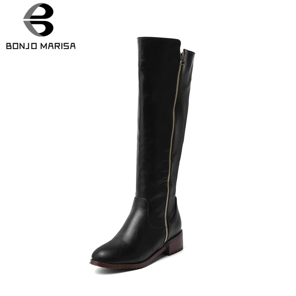 

BONJOMARISA Brand New INS Hot Plus Size 34-48 Zip Ladies Chunky Heels Shoes Woman Casual Party Office Knee High Boots Women