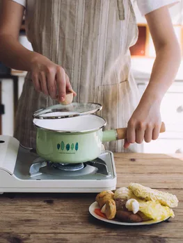 

Wood single handle glass cover porcelain enamel baby food noodle soup milk stew pot Japanese small cooking stewpan thicken