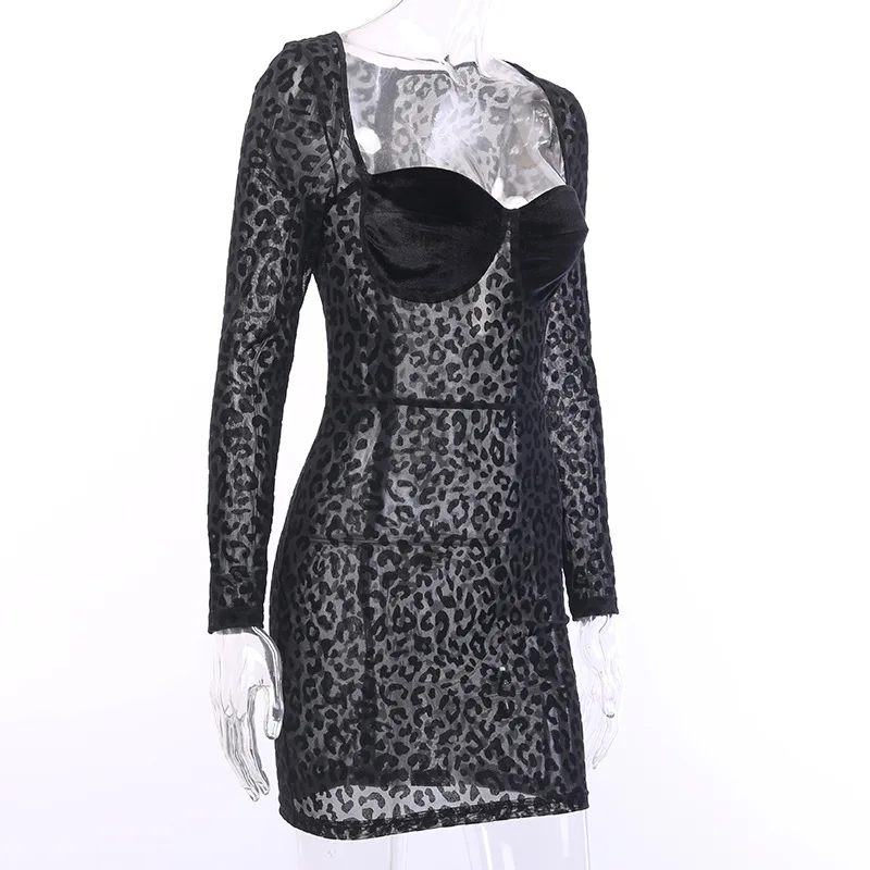 NewAsia Garden леопардовое Платье женское Сетчатое прозрачное сексуальное платье черные облегающие платья с длинным рукавом Женские Вечерние наряды для ночного клуба