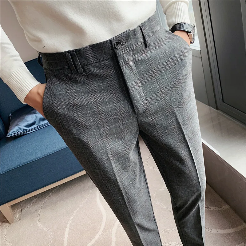 Skinny Grey Check Pants Mens Houndstooth Light Grey Plaid Retro - Main Image