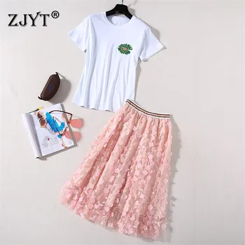 

High Street Fashion Summer 2Piece Set Women 2020 Elegant Lady Outfits Short Sleeve Sequined White TShirt and Mesh Skirt Set 2pcs
