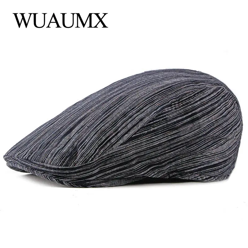 

Wuaumx Vintage Summer Berets Men Women Stripe Visor Peaked Flat Cap Thin Breathable Duckbill Hat Painter Beret Cap boina hombre
