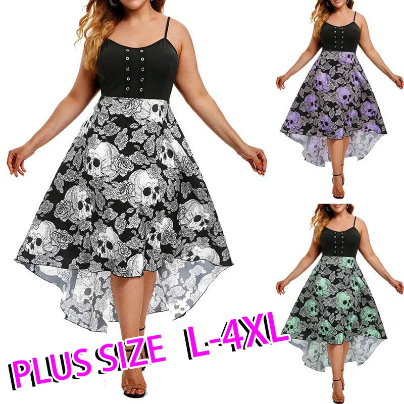 

Women Punk Skull Gothic Stitching High Waist Irregular Hem Spaghetti Strap Dress Sleeve Sexy Halloween Wear 2020 New Dress