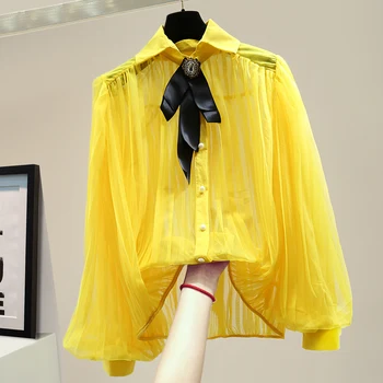 

Sexy Perspective Shirt for Women Ins Loose Bow Pleated Chiffon Shirt Temperament Long Sleeve Lantern Sleeve Yellow Blouse Blusas