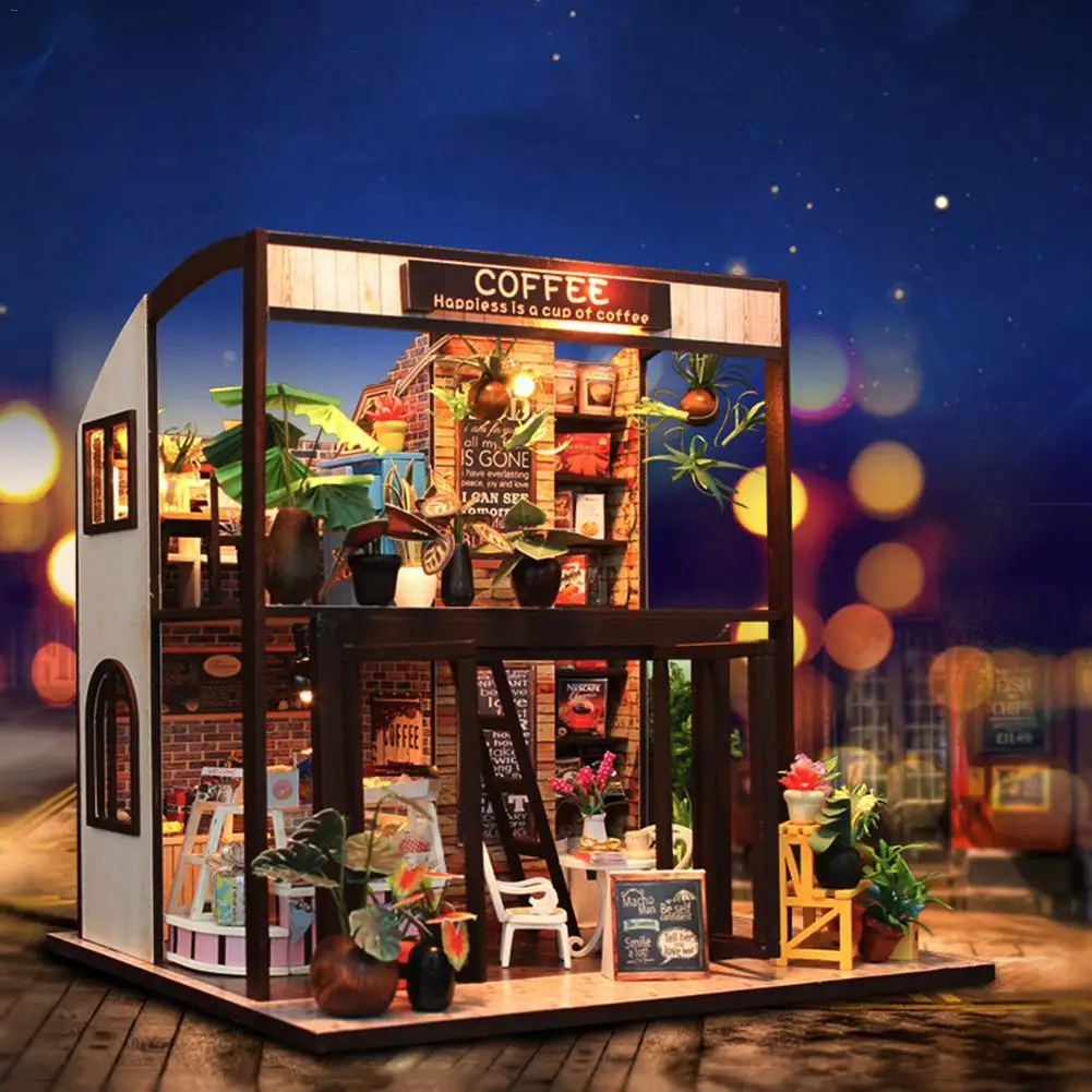 DIY Кукольный дом, кофейный дом, деревянные кукольные домики, миниатюрная кукольная мебель, набор с светодиодный игрушкой для детей, рождественский подарок - Цвет: Coffee House
