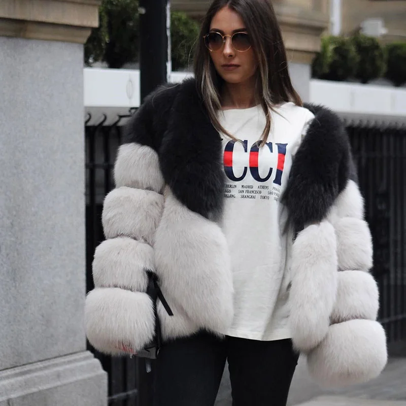 black and light gray Модная женская Роскошная Лоскутная куртка из искусственного лисьего меха, зимнее уличное пальто с v-образным вырезом, утолщенная теплая верхняя одежда, повседневное пушистое уютное пальто - Цвет: black and light gray