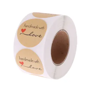 

1 roll (500pcs) Round Kraft Paper Handmade With Love Sealing Stickers Candy Bag Label Packing Gift Wedding Party Decor