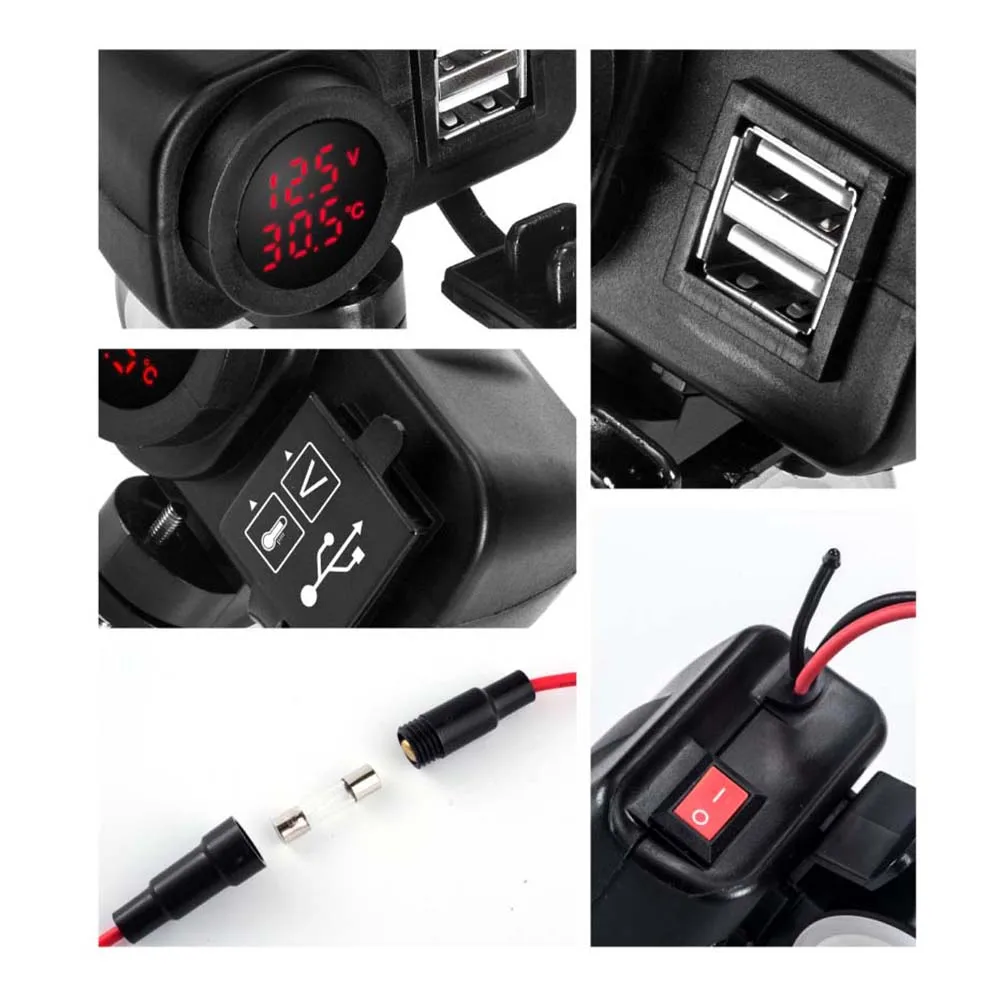 12-30V светодиодный мотоцикла USB Зарядное устройство 2.1A+ 2.1A с цифровой вольтметр-термометр