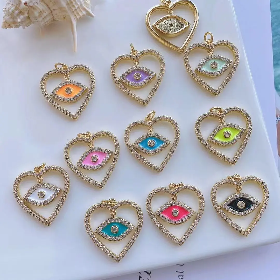 

6Pcs,2022 Crystal Zirconia Heart Evil Eye Dainty Pendant, Shiny Gold Color Metal Plated Enamelled Pendant, Fashion Jewelry