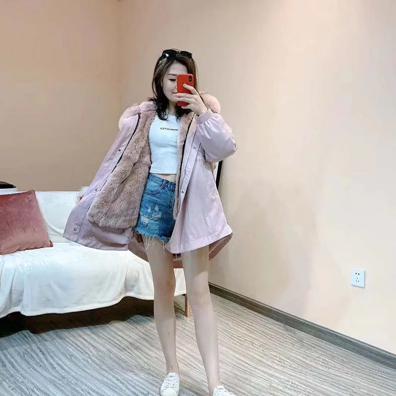 Новая настоящая меховая Парка женская зимняя куртка воротник из лисьего меха натуральный Рекс подкладка из кроличьего меха куртка женская однотонная шуба из натурального меха