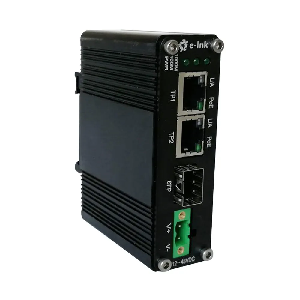 Мини промышленный 1 порт 100/1000X SFP в 2 порта 10/100/1000T 30 Вт PoE + медиаконвертер с входом 12