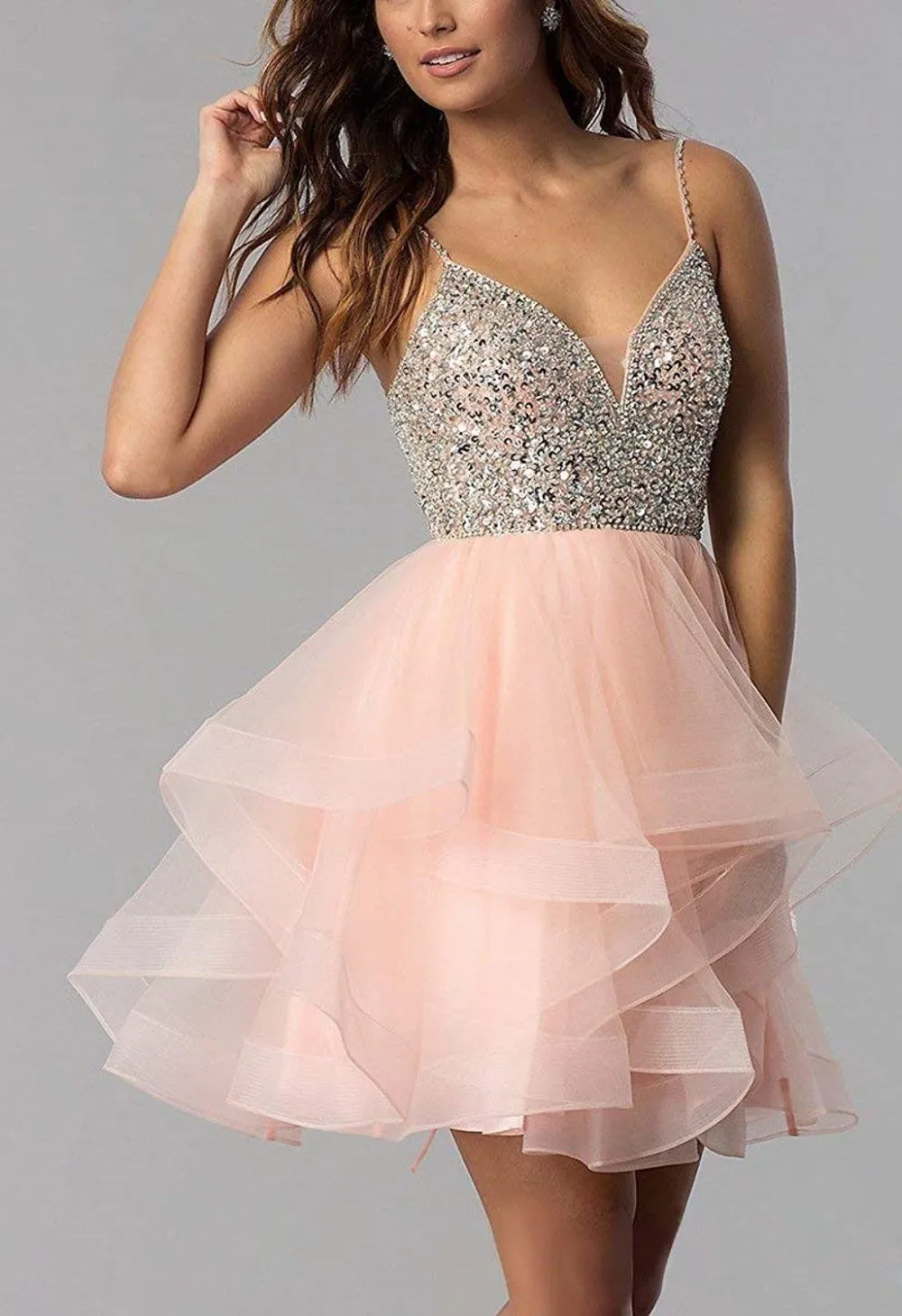 

Spaghetti Beaded Bodice Short Homecoming Dress Tulle Mini Prom Dress Sequins Crystals Party Gown 8 grade graduation dress