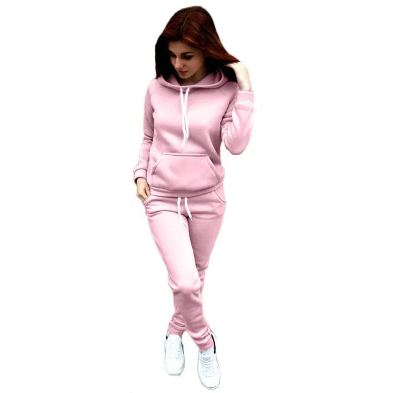 Женский комплект 2 шт., толстовки, штаны, комплект одежды, теплая новейшая одежда, Дамский однотонный спортивный костюм, женский комплект, топ, штаны, костюм женский - Цвет: pink