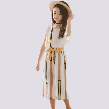 

Summer Clothes Girl Striped Vest & Wide Leg Pants 2PCS Kids Clothes Bow Chiffon Suit For Girls Korean Girl Clothes 6 8 10 12 14