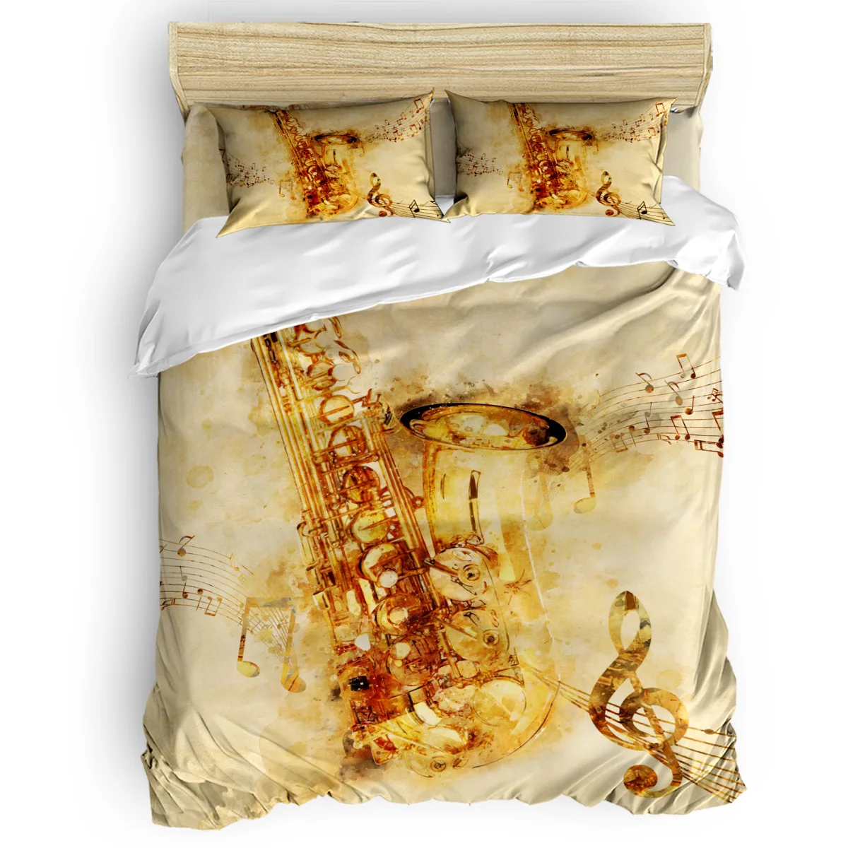 

FamilyDecor 4pcs Bedding Set Vintage Art Golden Saxophone Image Duvet Cover Set Customizable