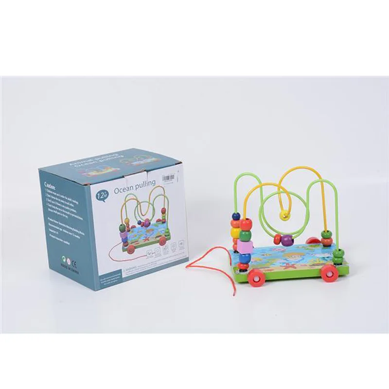 

Hot Selling Wooden Trailer Bead-stringing Toy Children'S Educational Drag Unit Blocks on Wheels Cartoon Bead-stringing Toy Maze