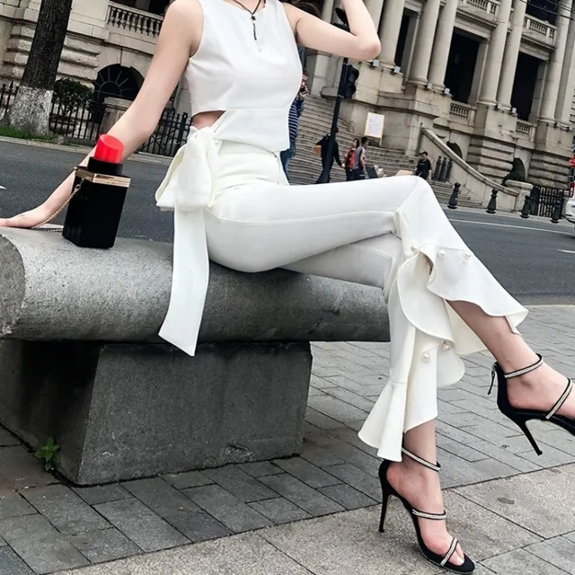 white ruffle flare pants
