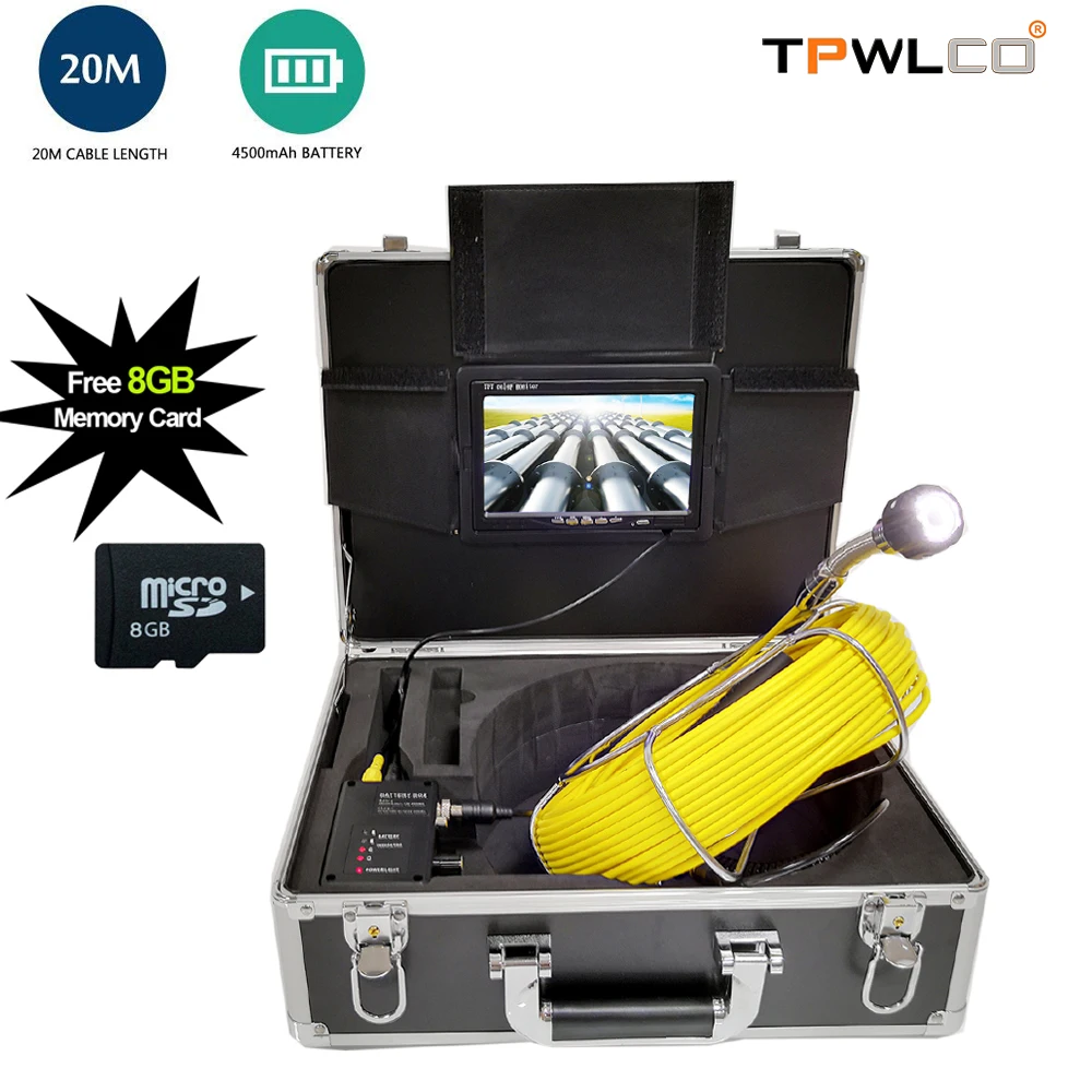 

7inch 23mm Lens 1000TVL Drain CCTV Inspection Pipe Sewer Endoscope Camera System 20m Cable DVR With Free 8GB SD Card 12pcs LEDS