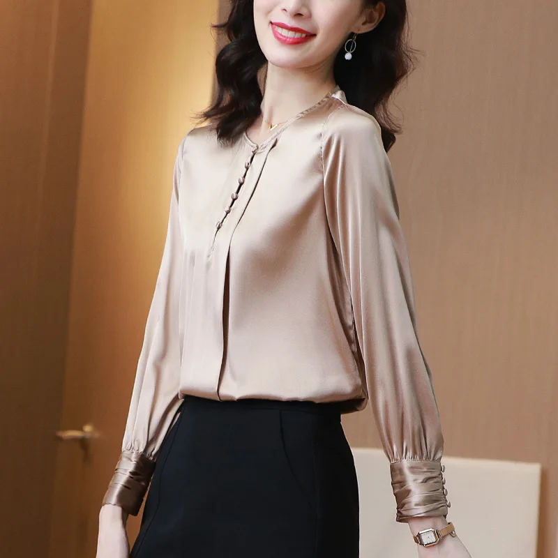 Spring Autumn Women Real Silk Satin Shirt Tops