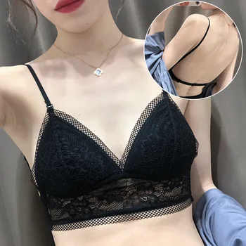 

Halter French Triangle Cup U-Shaped Large Bare Back Sexy Underwear Women's Lace Embroidered Non-Steel Ring Paper Bra Formal Dres