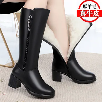 

Winter boots women cowhide high heel women's boots thick long boots thickened wool boots shoes woman zapatos botas mujer