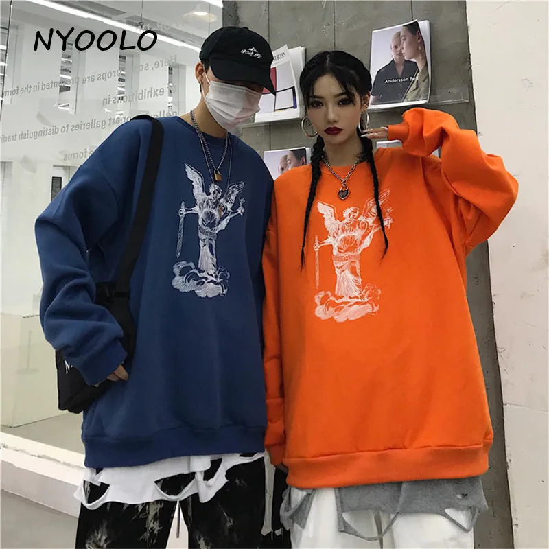 NYOOLO Vintage streetwear portrait print warm hoodies Autumn winter long sleeve O-neck pullovers fleece sweatshirt women men top