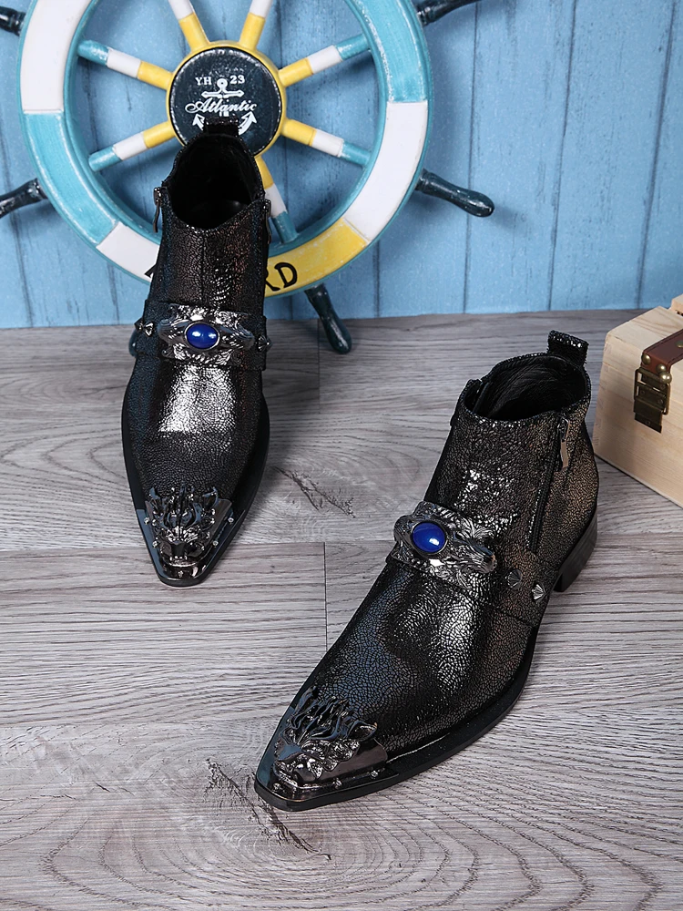 Зимняя обувь мужские ботинки из натуральной кожи мужские Ботильоны золотистого цвета с острым носком модельные туфли для ночного клуба Модные мотоботы