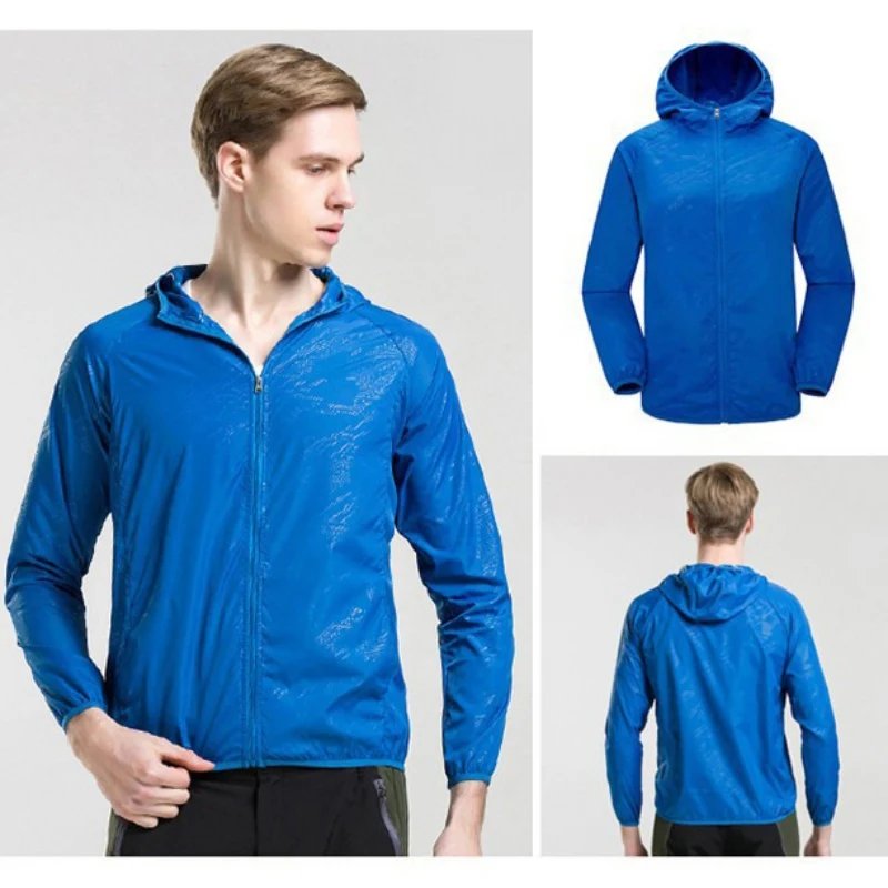 Быстросохнущие походные куртки для женщин и мужчин, водонепроницаемые солнцезащитные спортивные пальто для спорта на открытом воздухе, Мужская Женская ветровка - Цвет: Синий