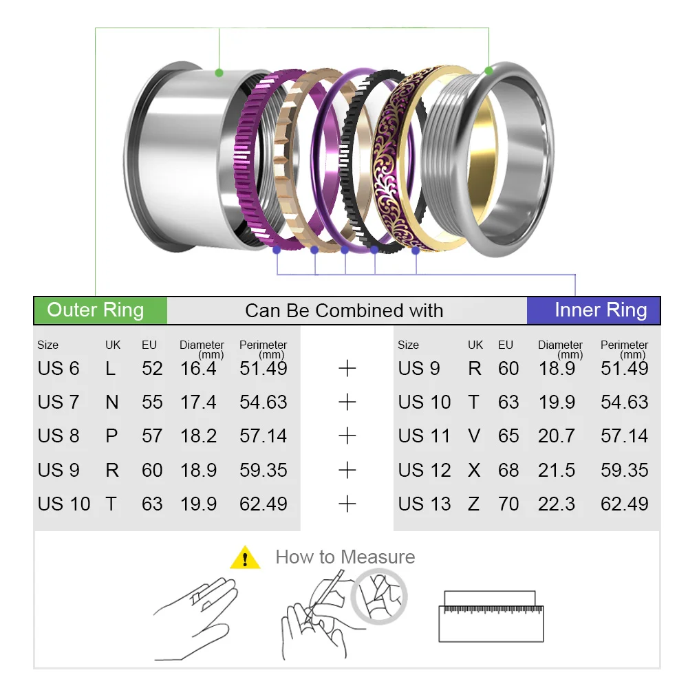 Koaem 5 Pieces Accessories Mix Aluminum and Copper Rings Women's Stackable Interchangeable Stainless Steel Inner Fill Base Ring