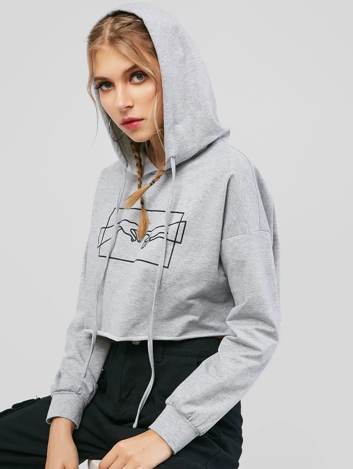 ZAFUL X Alexis Ricecakes Gesture Graphic Raw Hem укороченная Женская Толстовка на шнурке короткие кроп толстовки Осенние Пуловеры свитшоты