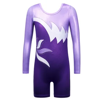

BAOHULU Purple Patchwork Gymnastics Leotard Unitard Long Sleeve Leotards for Girls Rhinestone Teens Gymnastics Costume Kids