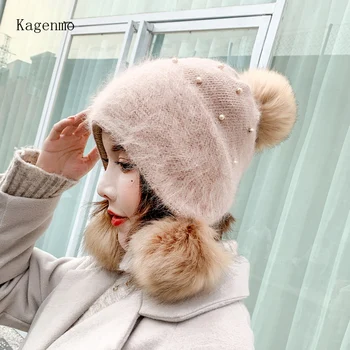 

Kagenmo Knitted Rabbit Ladies Hat Winter Wild Wool Cap Autumn And Winter Ear Warm Plus Velvet Windproof Cap