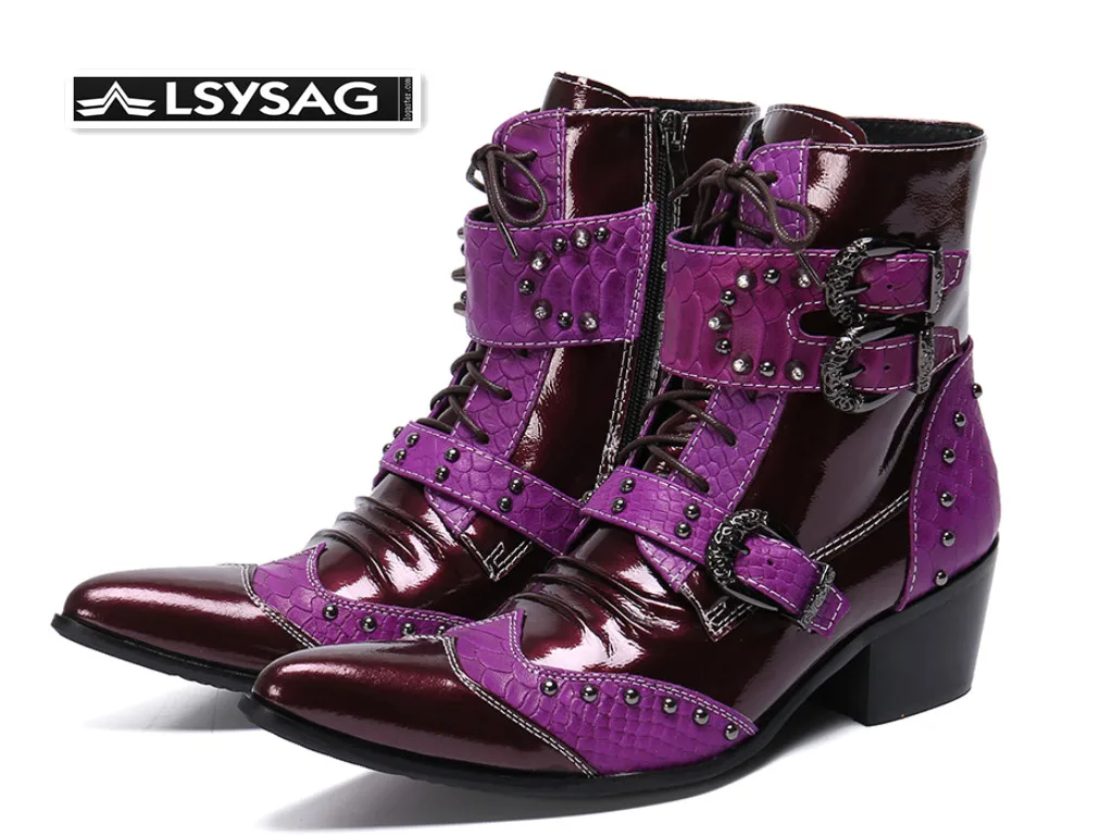 

Winter Fashion Men Boots Rivets Patchwork Genuine Leather Mid-boots Male Lace Up Motorcycle Boots Plus Size Shoes