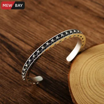 

S925 Sterling Silver Stars Retro Bangles Men Cuff Bracelet Solid Opening Carving with Pentagram Punk Women Fine Jewelry