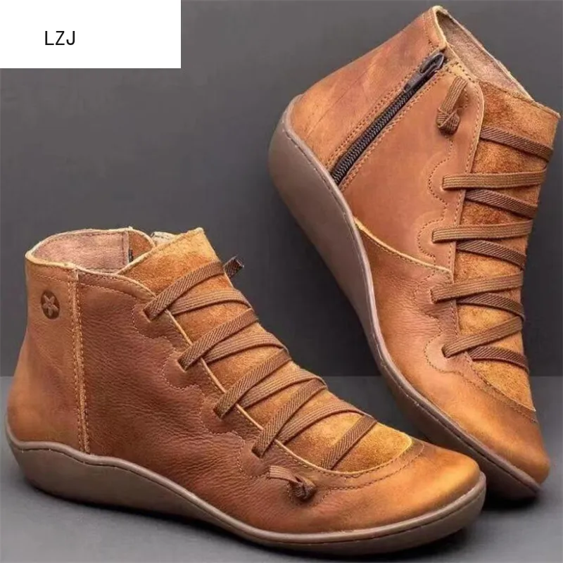 

LZJ 2019 Women Winter Snow Boots PU Leather Ankle Flat Shoes Woman Short Brown Boots With Fur For Women Side Zipper Boots 35-43