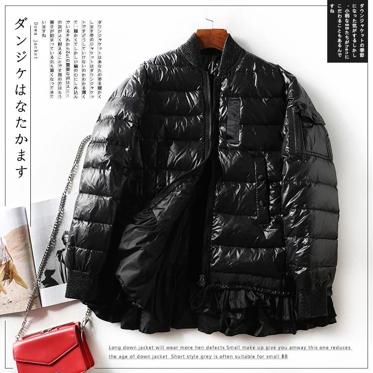 

Short Black Womens Puffer Coat Loose Leisure 2019 New Autumn Lotus Leaf Lace Fashion Warm Women Down Jacket