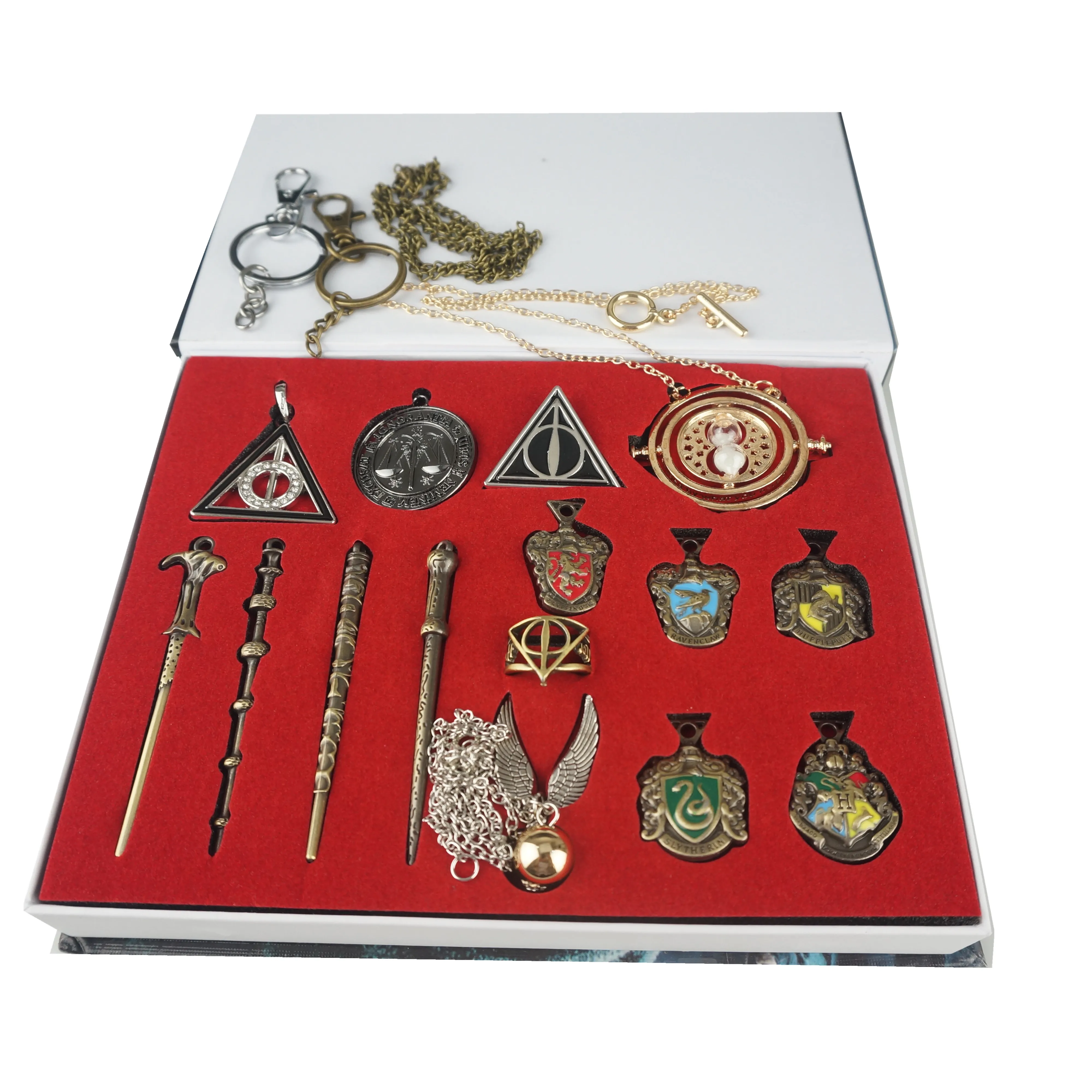 

11 13 14 15Pcs/ Potter Deathly Hallows Hogwarts Wands Golden Snitch Time Turner Metal Pendants necklace+Keychain+Gift Box