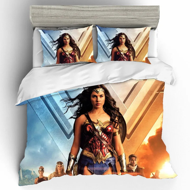 Хлопковый комплект постельного белья с принтом Wonder Woman, Комплект постельного белья queen King size, s пододеяльник, простыни, наволочки, постельное белье, домашний текстиль