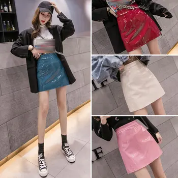 

Autumn Vintage Leather PU Pencil Skirt Winter 2020 Solid High Waist Shiny Skirt Zipper Bodycon Short Skirts Women faldas saia