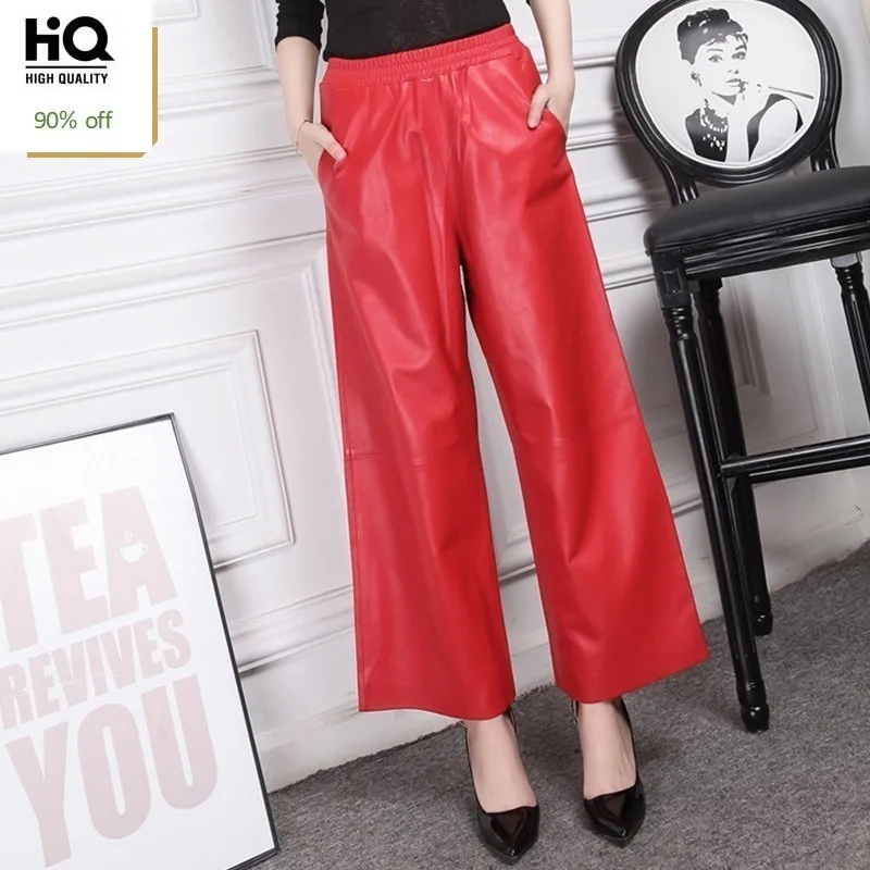

Hot 2020 Red Black Leather Pants Female 100% Sheepskin Trousers Office Lady Loose High Waist Wide Leg Pants Women Large Size 4XL