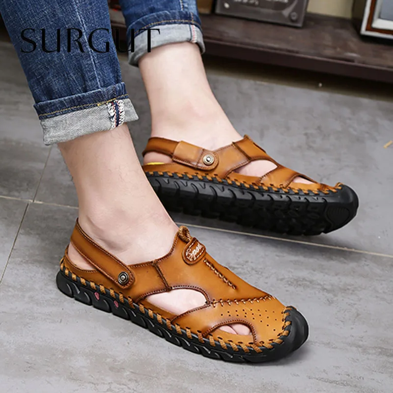 SURGUT Genuine Leather Men's Sandals Summer Soft Shoes Beach Men's Sandals High Quality Hot Sale Sandals Slippers Size 38~48